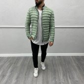 Erkek Dar Kesim Hakim Yaka Fermuarlı Şişme Mont- Haki - 1