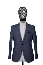 Slim Fit Klasik Desenli Koyu Mavi Ceket - 1