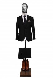 Slim Fit Yünlü Siyah Takım Elbise - 1