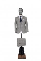 Slim Fit Kareli Yünlü Gri Takım Elbise - 1