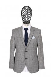 Slim Fit Kareli Yünlü Gri Takım Elbise - 2
