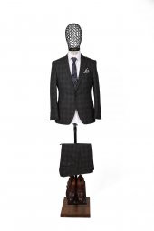 Slim Fit Yünlü Antrasit Rengi Takım Elbise - 1