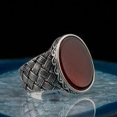 Oval Kırmızı Akik Taşlı Örgü Desenli Erkek Gümüş Yüzük thumbnail 1