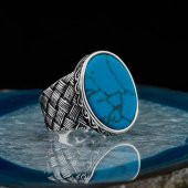 Oval Firuze Taşlı Örgü Desenli Erkek Gümüş Yüzük thumbnail 1
