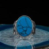 Oval Firuze Taşlı Örgü Desenli Erkek Gümüş Yüzük thumbnail 2