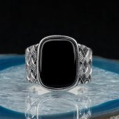 Dikdörtgen Oniks Taşlı Örgü Desenli Erkek Gümüş Yüzük thumbnail 2