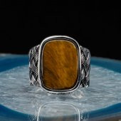 Dikdörtgen Kaplan Gözlü Taşlı Örgü Desenli Erkek Gümüş Yüzük thumbnail 2