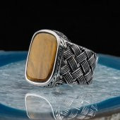 Dikdörtgen Kaplan Gözlü Taşlı Örgü Desenli Erkek Gümüş Yüzük thumbnail 3