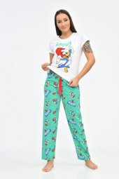 Baskılı Beyaz Tişört ve Turkuaz Pantolonlu Kadın Pijama Takım - 1