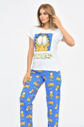 Baskılı Beyaz Tişört ve Mavi Pantolonlu Kadın Pijama Takım - 3