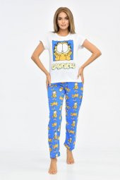 Baskılı Beyaz Tişört ve Mavi Pantolonlu Kadın Pijama Takım - 2
