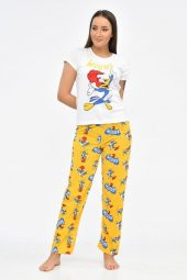 Baskılı Beyaz Tişört ve Hardal Pantolonlu Kadın Pijama Takım - 2
