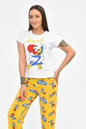 Baskılı Beyaz Tişört ve Hardal Pantolonlu Kadın Pijama Takım - 3