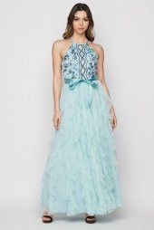 Korseli Fırfırlı Örgü İşlemeli Dantel Abiye Elbise - 1