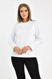 Bisiklet Yaka Uzun Kollu Şardonlu Beyaz Kadın Sweatshirt - 1