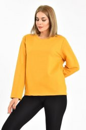 Bisiklet Yaka Uzun Kollu Şardonlu Hardal Kadın Sweatshirt - 1