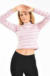 Balıkçı Yaka Çizgili Yünlü Kaşkorse Pudra Kadın Body - 2