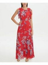 Eloise Floral Flutter Kolsuz Kırmızı Maksi Elbise - 1