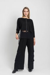 Kadın SİYAH Crop Kalıp Salaş Kesim Tül Detaylı Bluz 21K47177-99 3 - 1