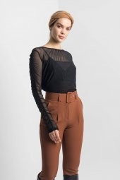 Kadın SİYAH Koldan Büzgülü Çift Kat Tül Bluz 21K47150-99 4 - 1