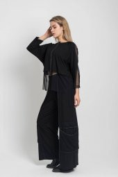 Kadın SİYAH Crop Kalıp Salaş Kesim Tül Detaylı Bluz 21K47177-99 3 - 2