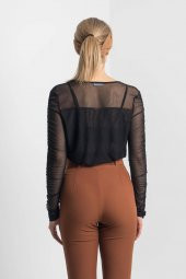 Kadın SİYAH Koldan Büzgülü Çift Kat Tül Bluz 21K47150-99 4 - 2