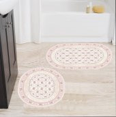 Soley 2li Oval Süngerli Banyo Paspası (Saçaklı) Pembe Çiçekli - 1