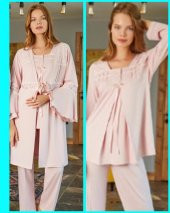 BONE CLUB 5103 PUDRA HAMİLE LOHUSA 3 LÜ PİJAMA SABAHLIK TK thumbnail 1