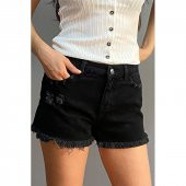 Kadın Kısa Kot Şort, Püsküllü Mini Jean Sort - 1