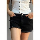 Kadın Kısa Kot Şort, Püsküllü Mini Jean Sort - 4