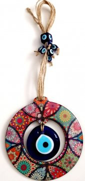 Ahşap Mandala Desenli Ortası Cam Nazar Boncuklu Kapı, Duvar ve Bahçe Süsü Nazarlık thumbnail 1