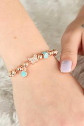 Rose Renkli Kelebek ve Nazar Boncuklu Kadın Bileklik - 3