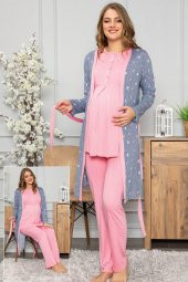Pembe Renk Kadın Sabahlıklı Lohusa Pijama Takımı Tuba Pelin 1454- 3 lü Hamile Pijama Takımı - 1