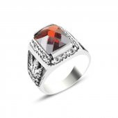Gümüş 925 Ayar Osmanlı Devlet Arması & Tuğra Garnet Zirkon Taşlı Yüzük - 1
