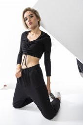 Siyah Kadın Önü Büzgülü Uzun Kollu Takım - 1