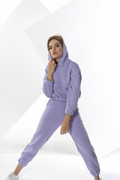 Lila Kadın Lastikli Crop Sweatshirt Takım - 1
