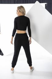 Siyah Kadın Önü Büzgülü Uzun Kollu Takım - 4