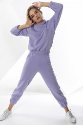 Lila Kadın Lastikli Crop Sweatshirt Takım - 2