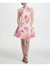 Pembe Mesh Çiçekli Fermuarlı Fit + Flare Elbise - 1