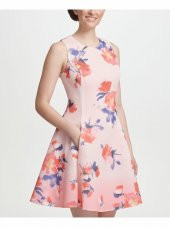 Pembe Mesh Çiçekli Fermuarlı Fit + Flare Elbise - 2
