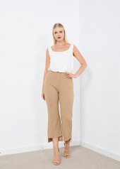 Kadın Bej Bel Lastikli Paça Detaylı Pantalon - 2