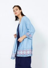 Kadın İndigo Nakışlı Kimono - 1