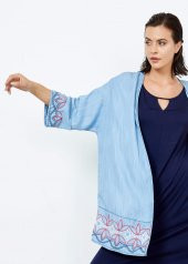 Kadın İndigo Nakışlı Kimono - 4