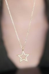 Yıldız Figür Zirkon Taşlı Gold Renk Metal Kadın Kolye - 1