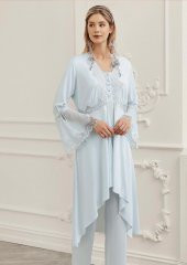PERİN 316 MAVİ  Hamile Lohusa 3 Lü Pijama Sabahlık Takım - 2