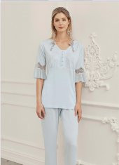 PERİN 316 MAVİ  Hamile Lohusa 3 Lü Pijama Sabahlık Takım - 3