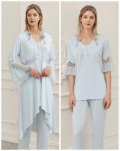 PERİN 316 MAVİ  Hamile Lohusa 3 Lü Pijama Sabahlık Takım - 4