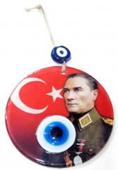 Türk Bayrağı Ve Gazi Mustafa Kemal Atatürk Resimli Nazar Boncuklu Füzyon Cam El Yapımı Duvar Süsü - 2