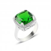 Gümüş 925 Ayar Zümrüt Zirkon Tektaş Yüzük - 1