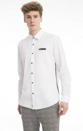 Erkek Regular Fit Cep Baskılı Düz Renk Gömlek - 5